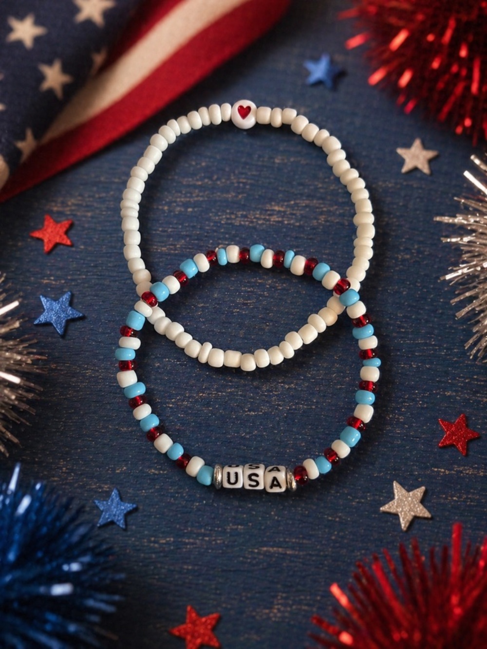 Handmade USA Heart Beaded Bracelet Set | Patriotic Red White Blue Jewelry 8”